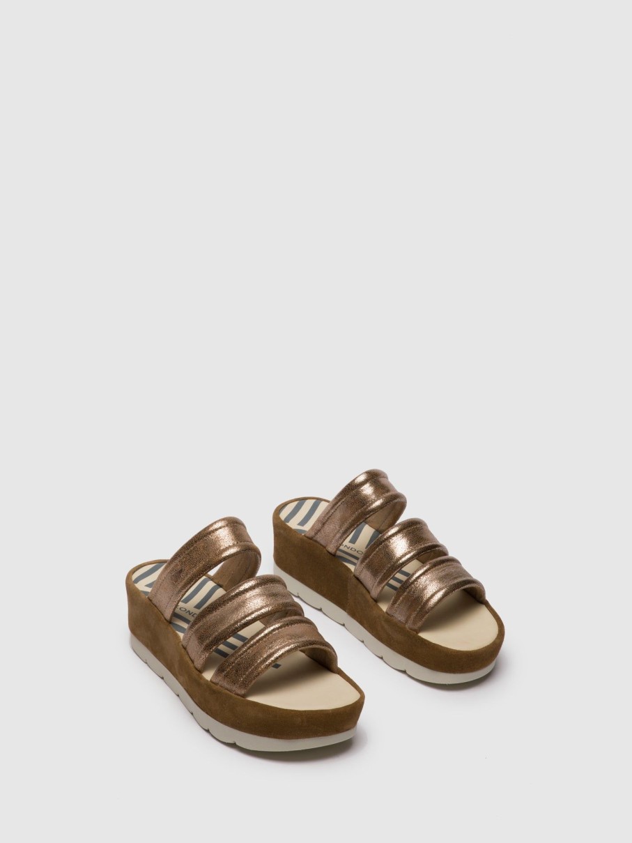 Mulher Fly London Mules | Mules Abertas A Frente Em Dourado